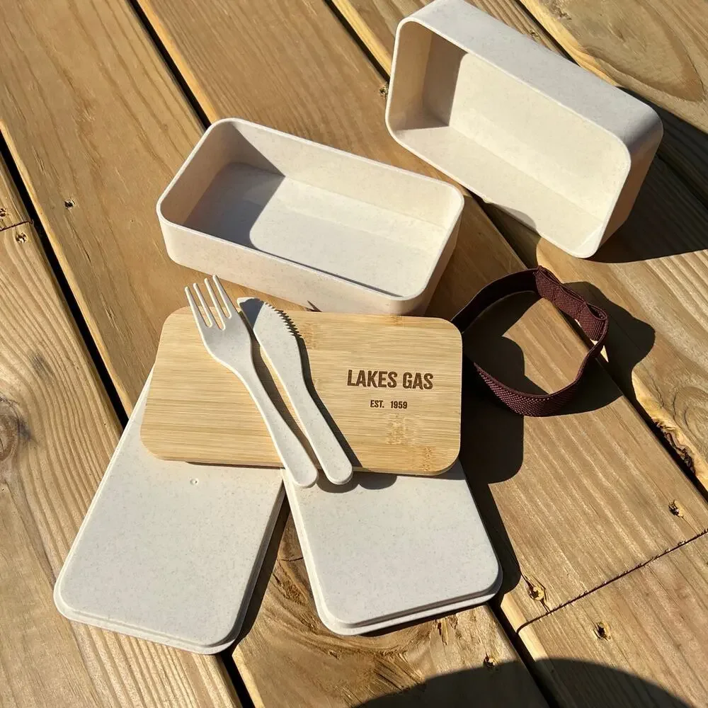 Bento Box Travel Lunch Set Lakes Gas Wood Lid 2 Sections Utensils Picnic School